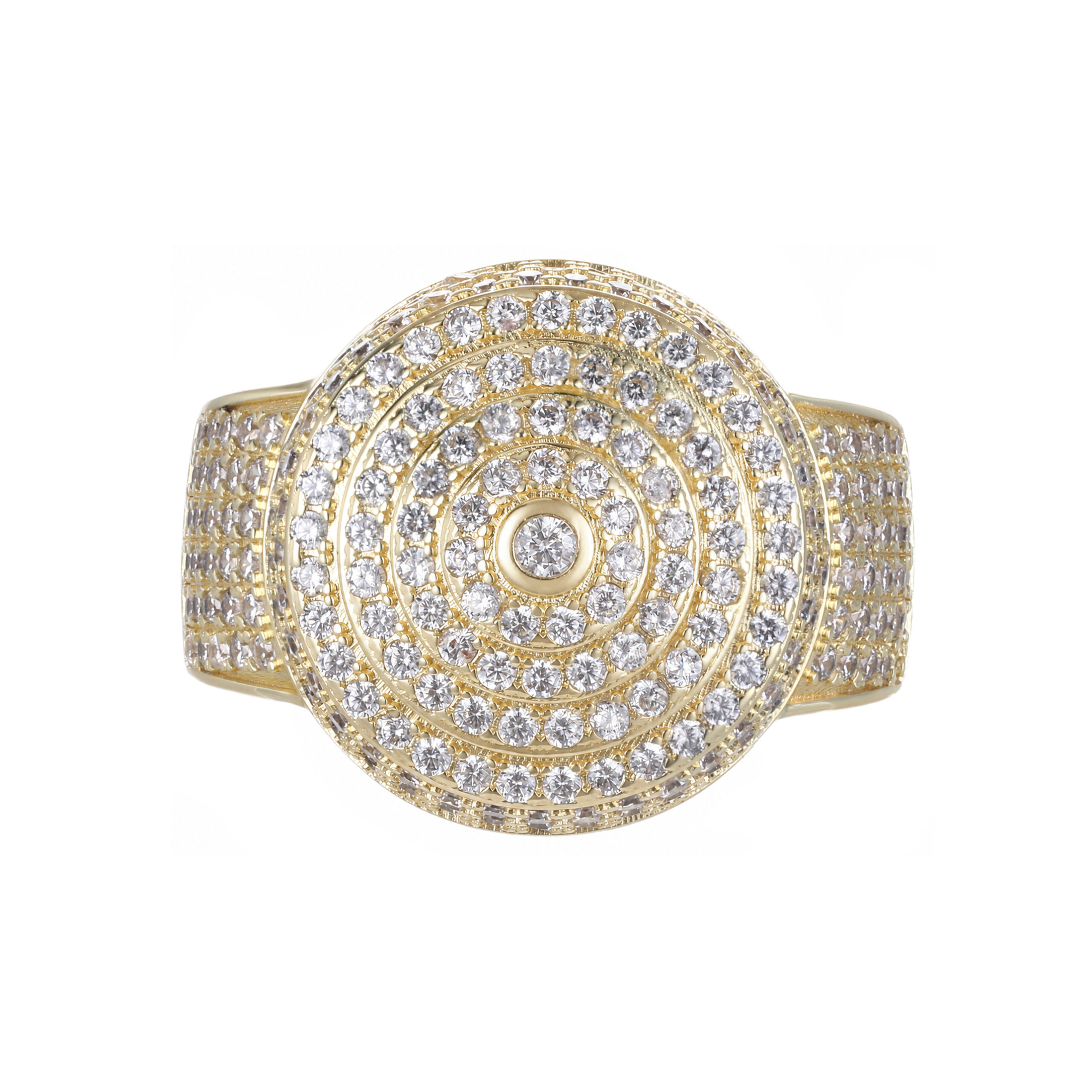 Multi-Tier Concentric Round Dome Bust Down Ring Gold Plated Channel Set Micro Pave Iced Out Hip Hop Men’s Heavy Statement Signet Ring - 图片 2