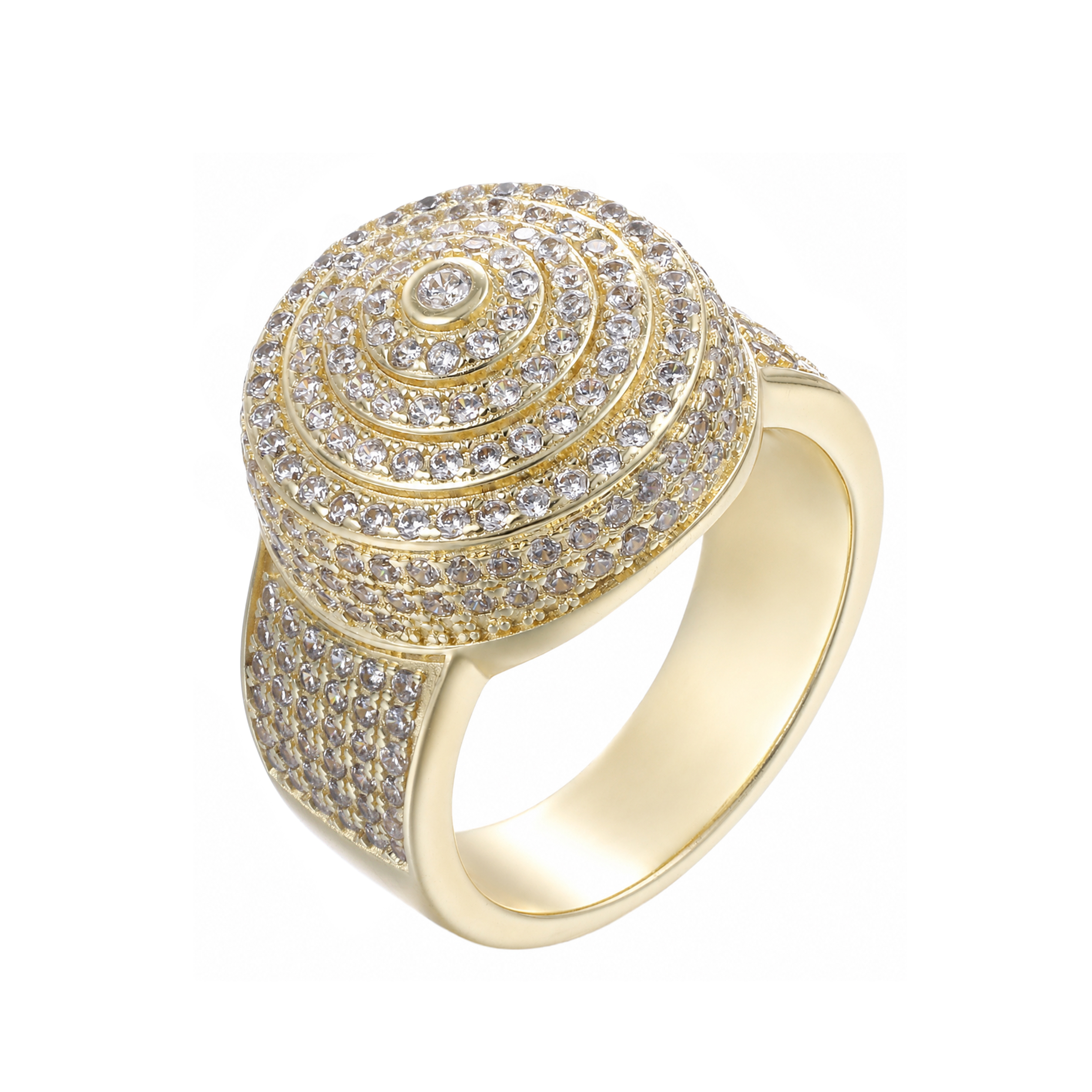 Multi-Tier Concentric Round Dome Bust Down Ring Gold Plated Channel Set Micro Pave Iced Out Hip Hop Men’s Heavy Statement Signet Ring