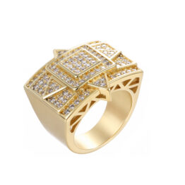 Geometric Layered Square Full Iced Out Signet Ring Gold Plated Multi-Frame Micro Pave Hollow Shank Hip Hop Men’s Bold Statement Ring