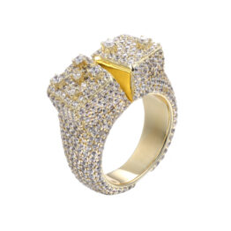 Two Block Double Square Bust Down Fully Iced Out Ring Gold Plated All Over Micro Pave Hip Hop Men’s Heavy Stacked Statement Ring