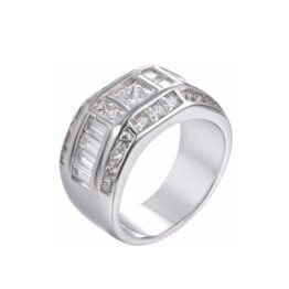 Men’s Mixed Cut Baguette & Princess Channel Set Wide Band Ring White Gold Plated Geometric Inlaid Hip Hop Luxury Statement Ring