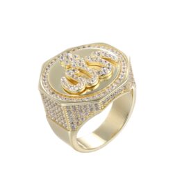 Gold Plated 3D Raised Dollar Sign Octagonal Full Iced Out Signet Ring Men’s Hip Hop Money Symbol Full Pave Statement Ring