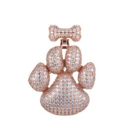 Iced Out Full Paved Dog Paw with Hanging Bone Rose Gold Pendant Pet Lover Charm Design