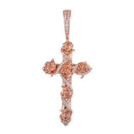 Rose Vine Wrapped Cross Full Pave Stone Rose Gold Pendant Religious Floral Statement Charm Design