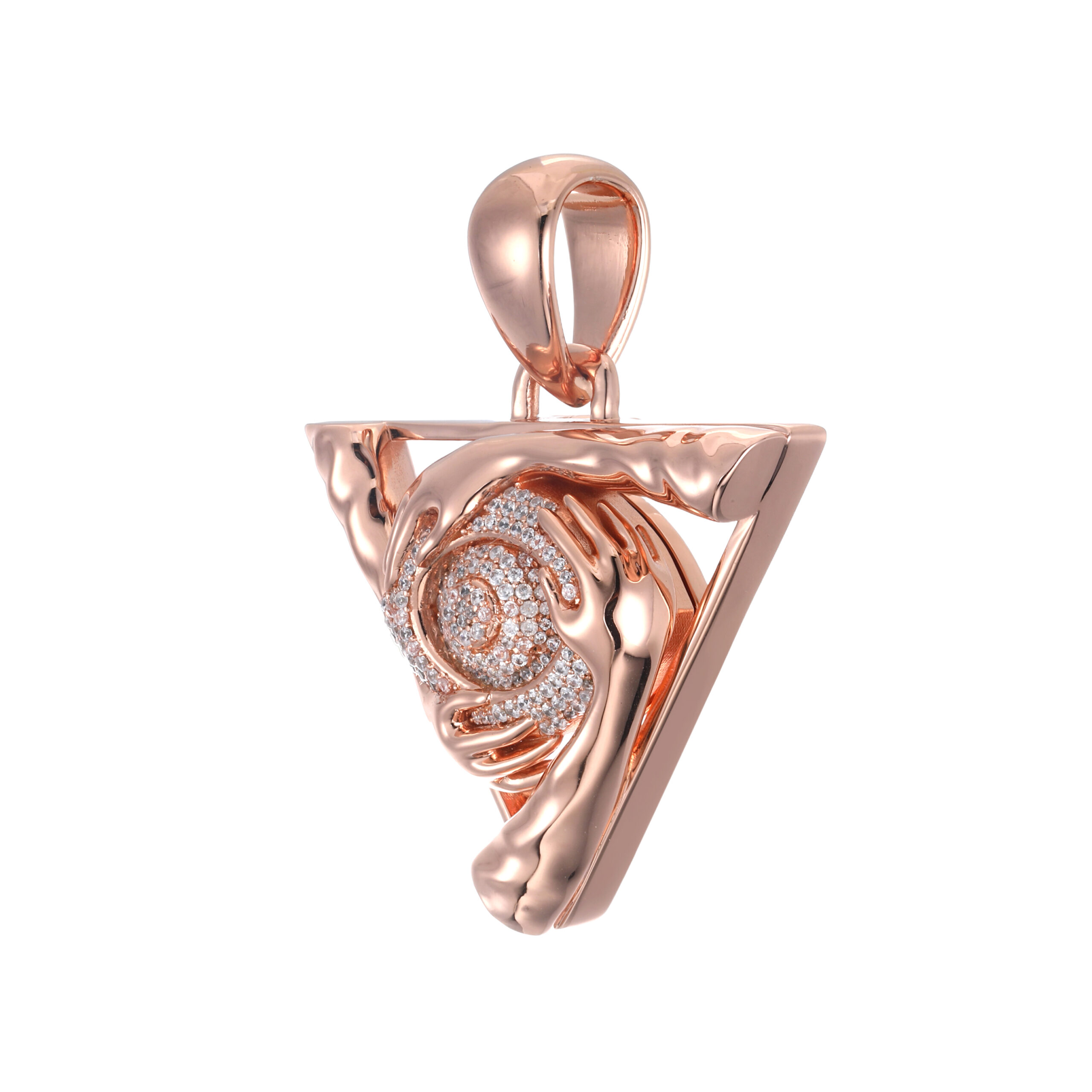 Spiral Crystal Hands Hug Triangle Rose Gold Statement Pendant - 图片 2