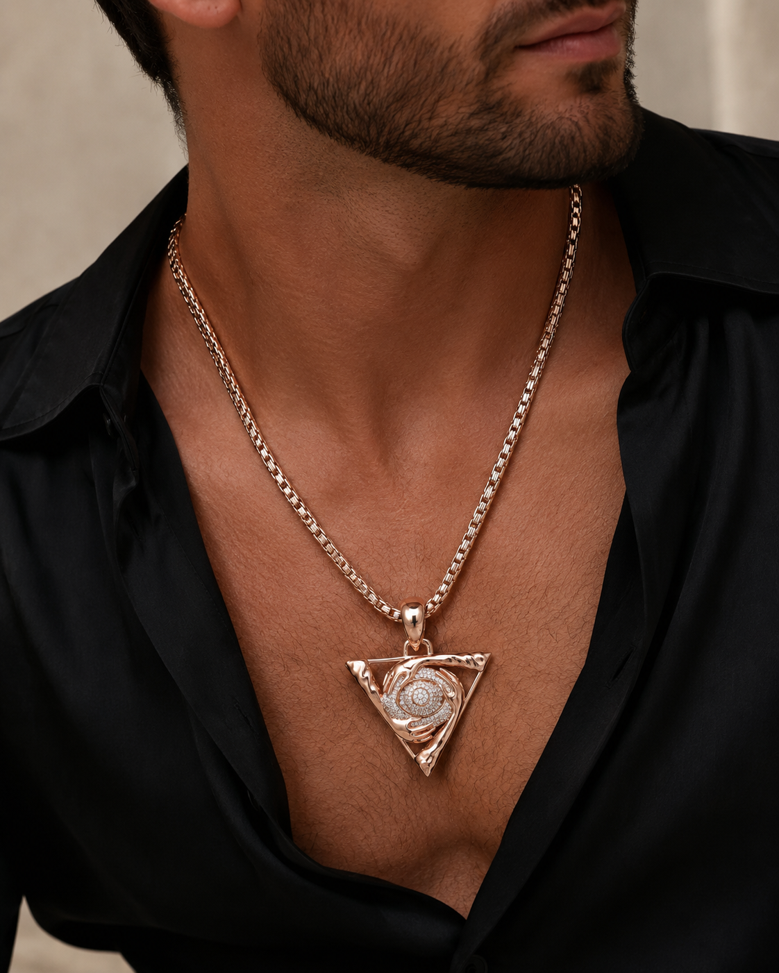 Spiral Crystal Hands Hug Triangle Rose Gold Statement Pendant