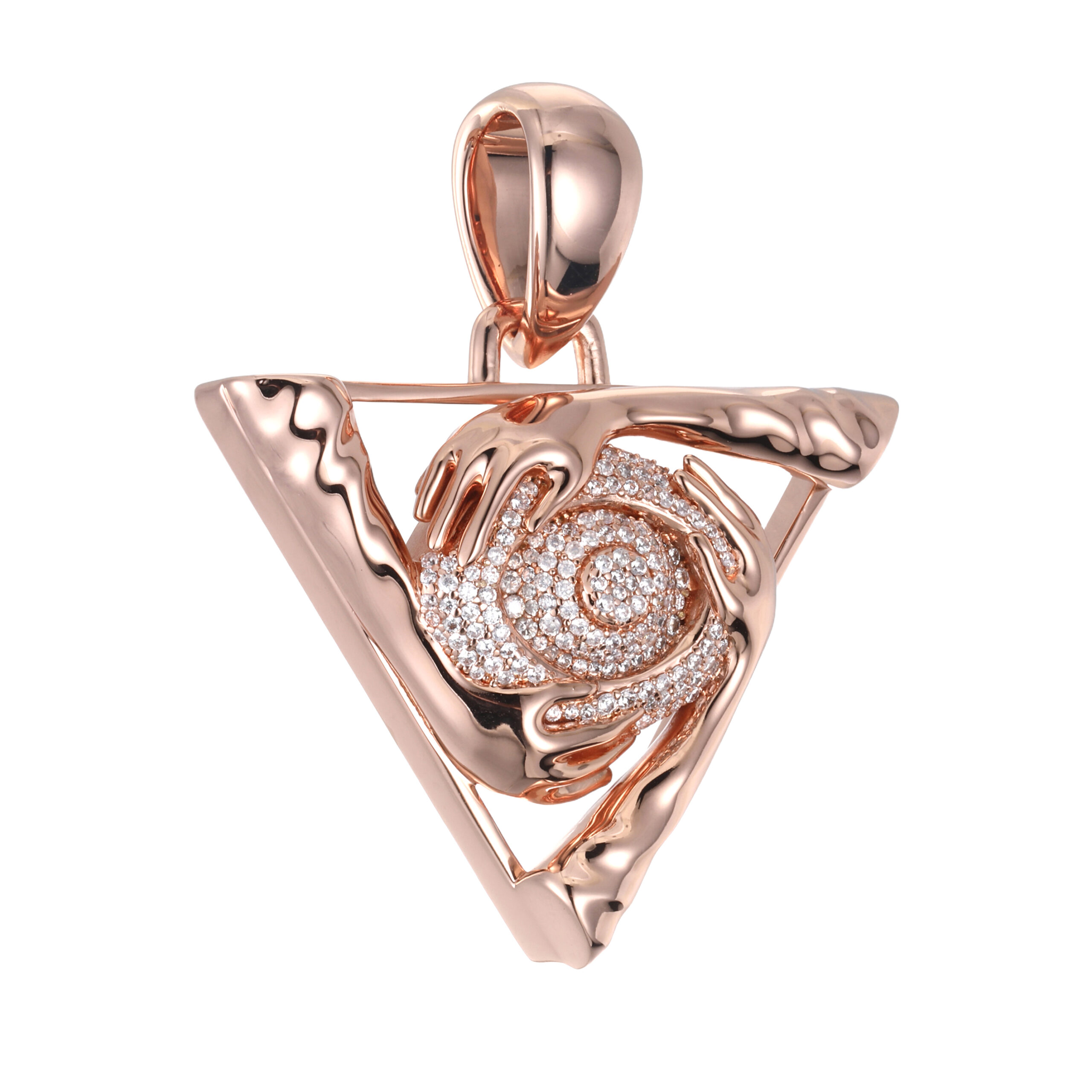 Spiral Crystal Hands Hug Triangle Rose Gold Statement Pendant - 图片 4