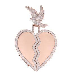 Iced Out Broken Heart Locket Pendant with Dove Bird Full Pave Stone Rose Gold Photo Memory Hip Hop Charm